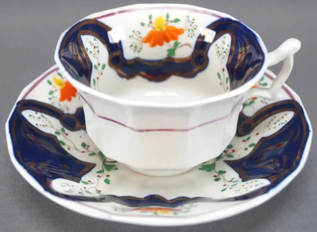 Gaudy Welsh Hand Painted Cobalt Gold & Orange Floral Tea Cup & Saucer C. 1830s