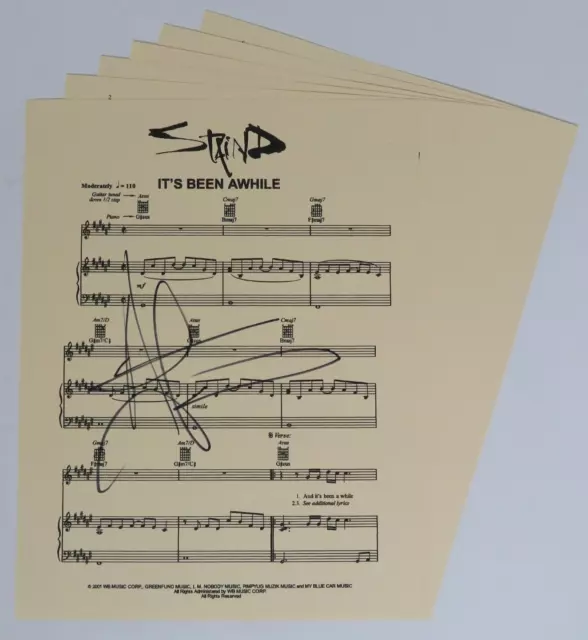 Aaron Lewis STAIND Signed Autograph Auto "It's Been Awhile" Sheet Music JSA