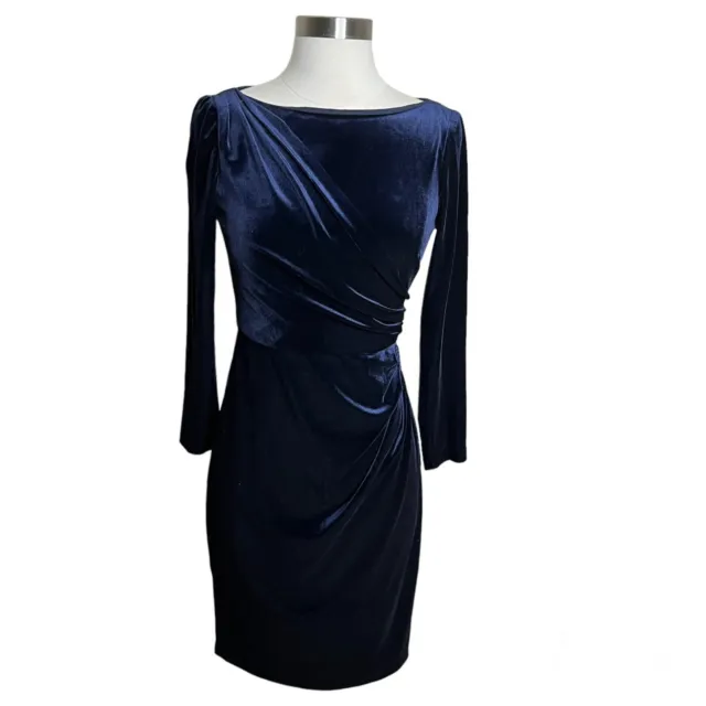 Eliza J Dress Womens 4 Dark Navy Blue Velvet Long Sleeve Ruched Boatneck