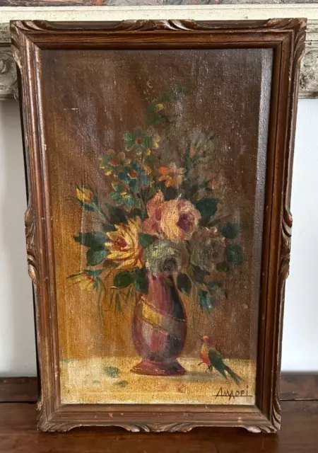 Antico quadro con cornice- Olio su tela - Vaso di fiori - primi '900