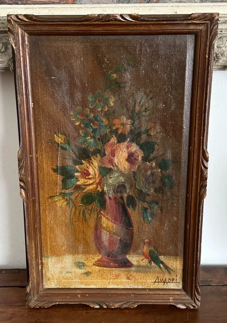 Antico quadro con cornice- Olio su tela - Vaso di fiori - primi '900