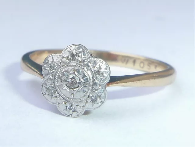 Antique Art Deco 9ct Gold, Platinum & Diamond Daisy Ring, Size K 3