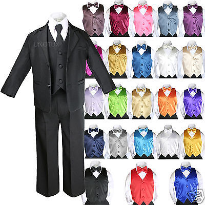 7Pc Kid Teenager Formal Wedding Tuxedo Boy Black Suits Extra Color Vest Tie 5-20