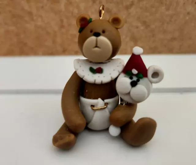 Ooak Polymer Clay Hand Sculpt Mini Christmas Baby Bear Ornament 1"