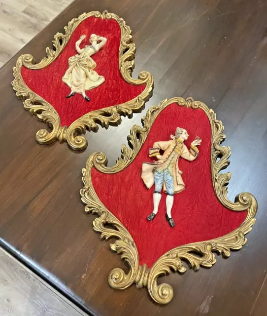 Elegant Vintage Depose Italy Victorian Dancers Couple Wall Hanging Set - 17"