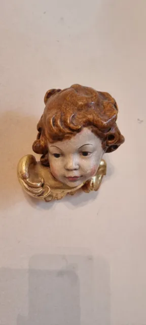 Italian Hand Carved polychrome wood Cherub Angel Cupid Putti Gold Leafed  head
