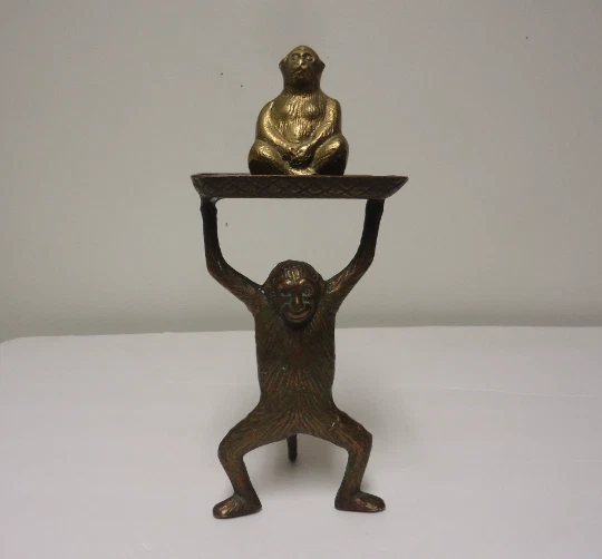vintage monkey business card holder metal,small brass diner bell ape chimp lot