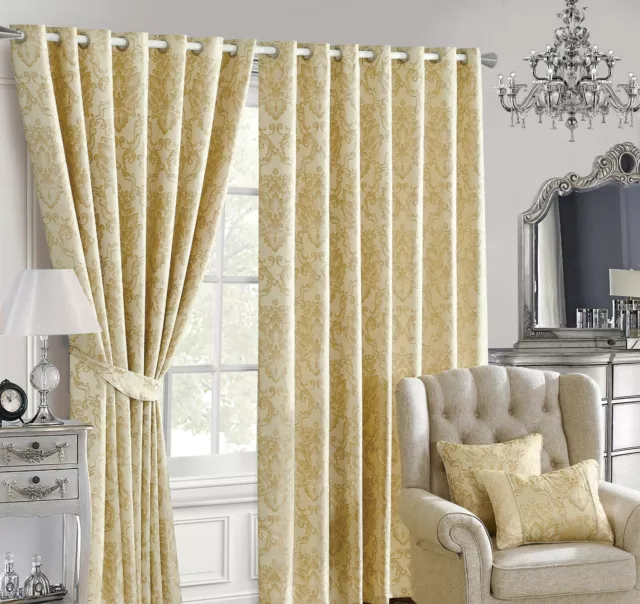 Luxury Jacquard Curtains Ring Top Fully Lined Ready Made Eyelet with 2 Tie Backs