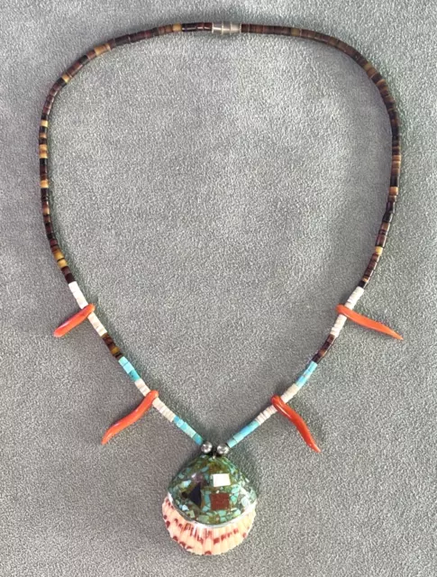 Vintage Santo Domingo Spiny Oyster Shell Turquoise Multi Necklace Inlay Sterling