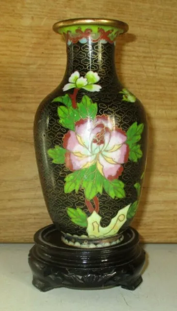 Vintage 5 1/4"Tall Chinese Brass Cloisonne Art Enamel Flower Vase With Wood Base