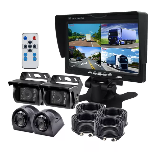 7" HD Quad Split Monitor For RV Truck+4 Front Side Night Vision Rear View Camera