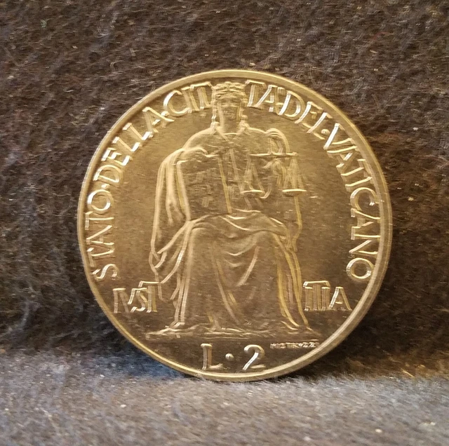 1942 Vatican 2 lire, Pope Pius XII, year IV, nice choice UNC, KM-36
