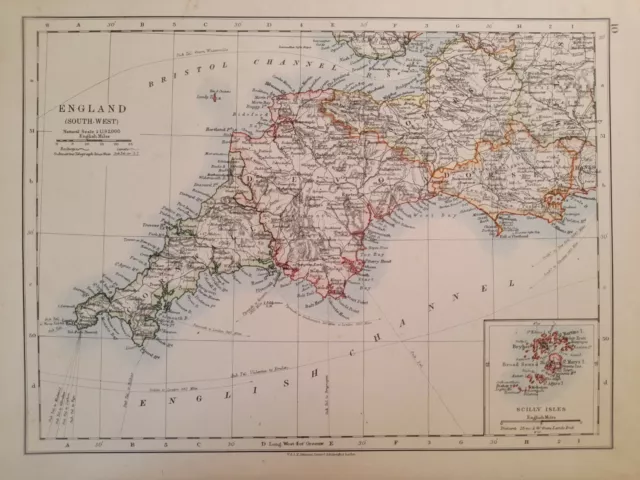 1913 Map - England South West - Cornwall Devon Dorset Somerset Scilly Isles