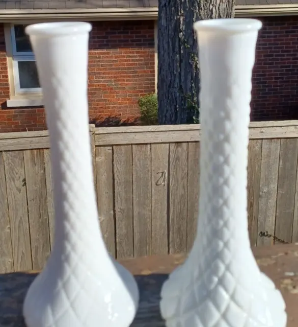 Two Vtg 4092 Milk Glass  9" Tall Quilted Diamond Pattern Vases: Hoosier