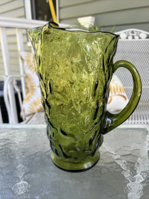 Morgantown Seneca Driftwood green pitcher 9.75" tall with Ice Lip Crinkle Glass