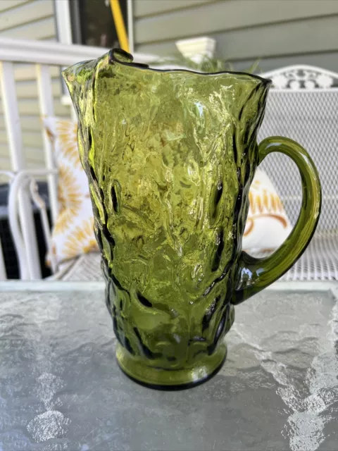 Morgantown Seneca Driftwood green pitcher 9.75" tall with Ice Lip Crinkle Glass
