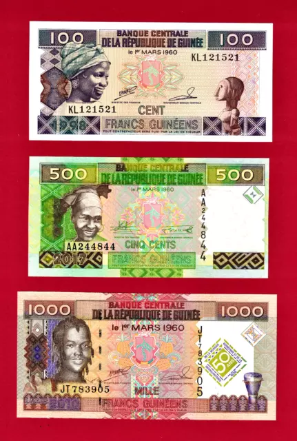 GUINEA 1998-2017 UNC Notes: 100 Francs P-35, 500 Fr 2017 P-47, & 1K Fr 2010 P-43