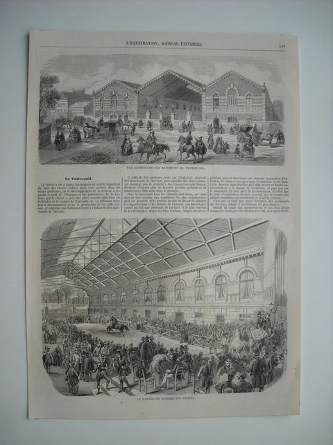 Gravure 1858. Le Tattersall A Paris. Le Manege Ou Galerie Des Ventes. Explicatif