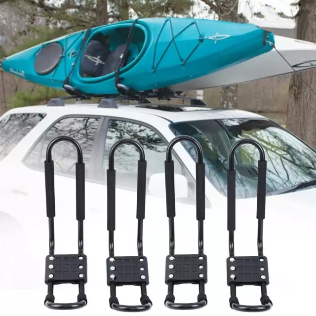 4x Universal Hard Adjustable Kayak Canoe Carrier Car Roof Rack J-Bar and Strap