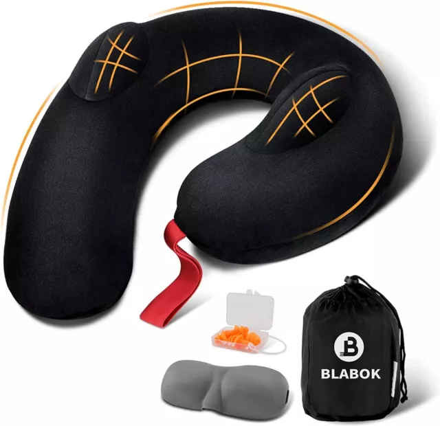 Inflatable Neck Pillow for Travel, Sleep Mask & Earplugs - Soft Washable Fabric