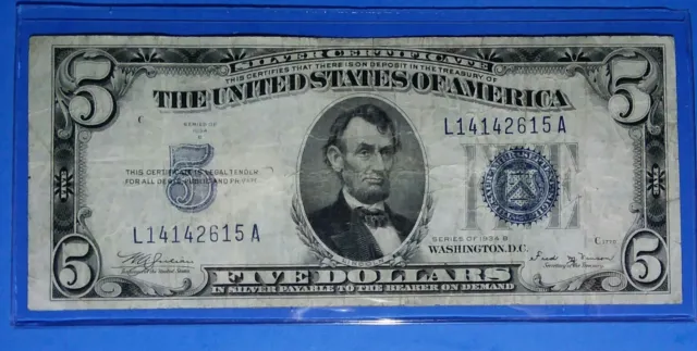1934 B $5 Silver Certificate,*Rare* Vinson Note,Blue Seal,Circ F,Nice!