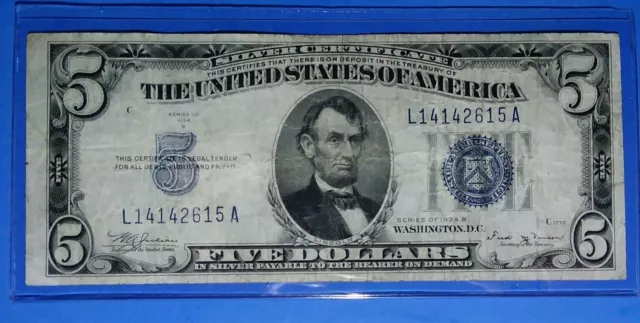 1934 B $5 Silver Certificate,*Rare* Vinson Note,Blue Seal,Circ F,Nice!