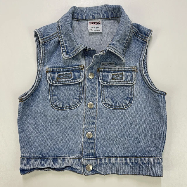 Vtg 90’s Guess Childs Denim Vest Blue Jean Faded Wash Pockets Snaps Size Small