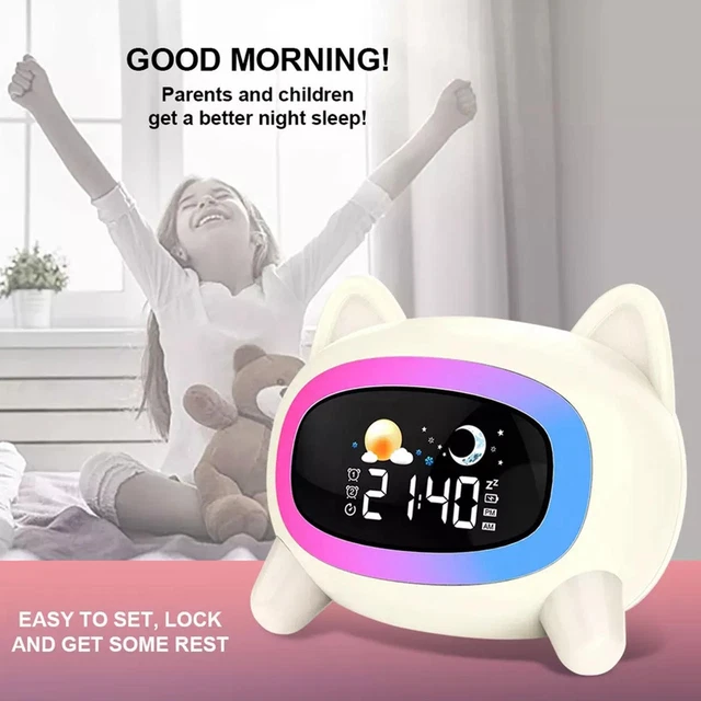 Kids Alarm Clock,Cute Cat Alarm Clock W/ Night Lights 7AT Tra7 Sleep D9F6