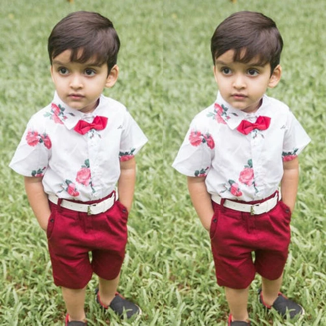 Toddler Baby Boy Gentleman Suit Rose Bow Tie T-Shirt Shorts Pants Outfit Clothes