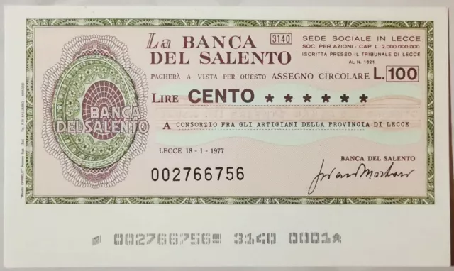 Miniassegni La Banca Del Salento Lire 100