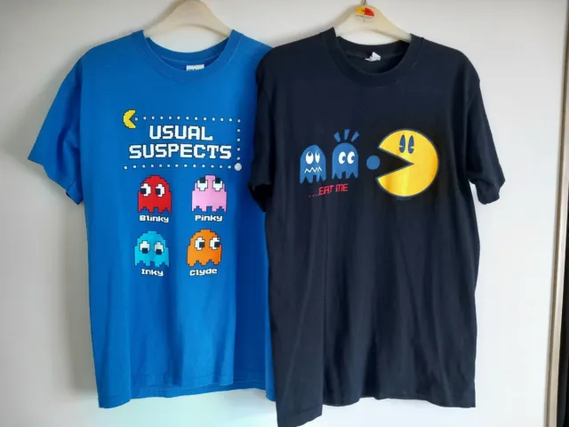 2xPacman T Shirts Medium Mens Graphic Print Short Sleeve Cotton Black Blue Namco