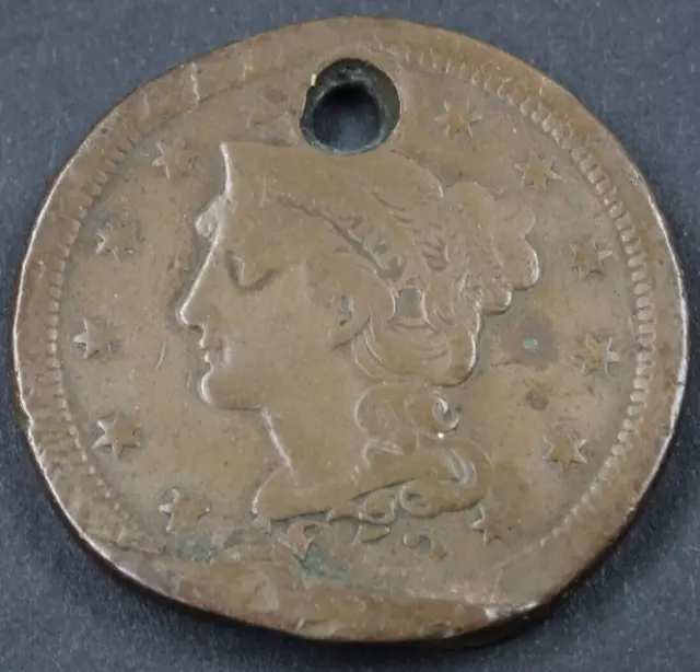 1853 Large Cent Copper US Mint Braided Hair Holed Damaged Brown