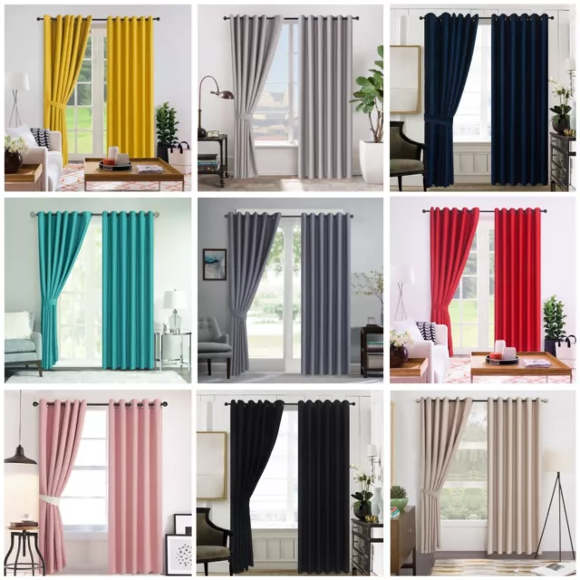 Thick Thermal Blackout Ready Made Eyelet Ring Top Pair Curtains Panel +Tie Backs