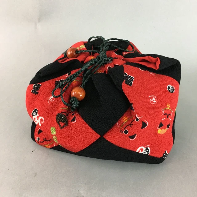 Japanese Cloth Drawstring Bag Vtg Fabric Kimono Pouch Black Red Manekineko KB8