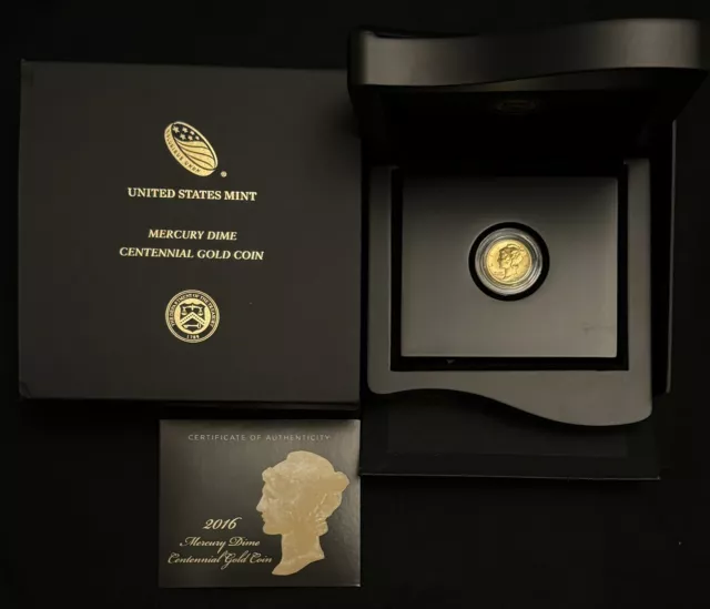 2016 W US Gold Mercury Dime Centennial 1/10 oz in OGP