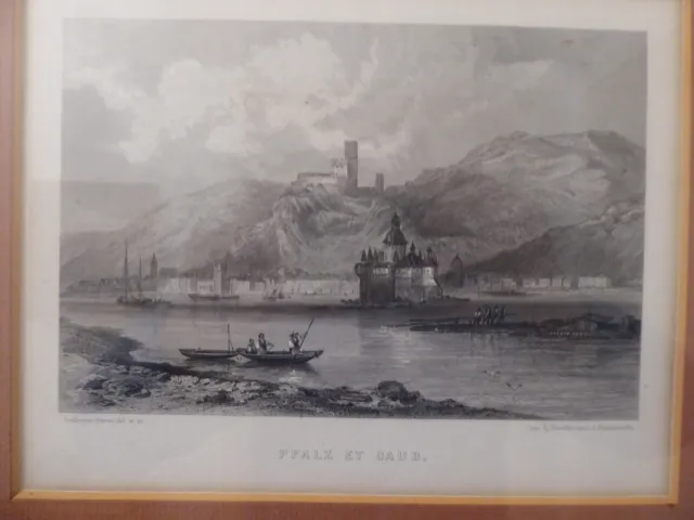 Stahlstich 1840 Kaub am Rhein Gerahmt antikes Bild Fluss Landschaft
