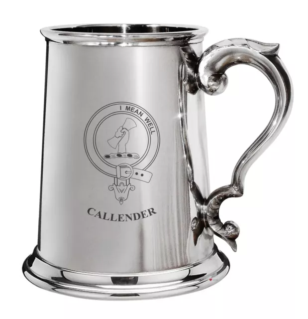 Callender Family Crest Polished Pewter 1 Pint Tankard with Scroll handle