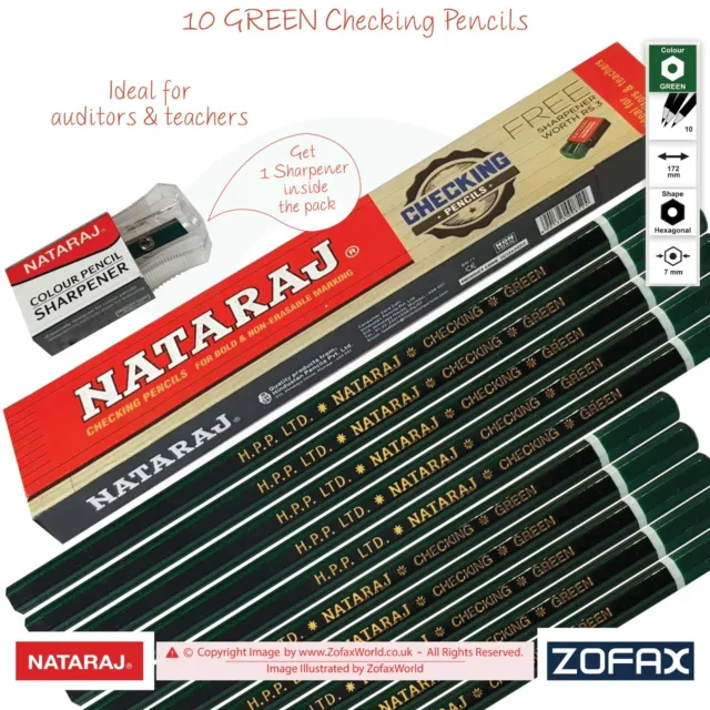 NATARAJ Two in One GREEN Lead Clear Bold Checking Pencils Mark Auditors Teachers