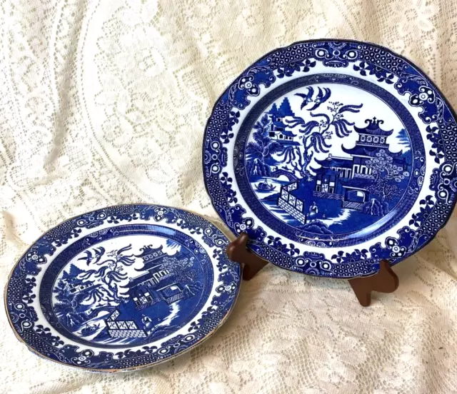 2 -10 1/4" Blue Willow Burleigh Ware Dinner Plates gold trim 1"deep