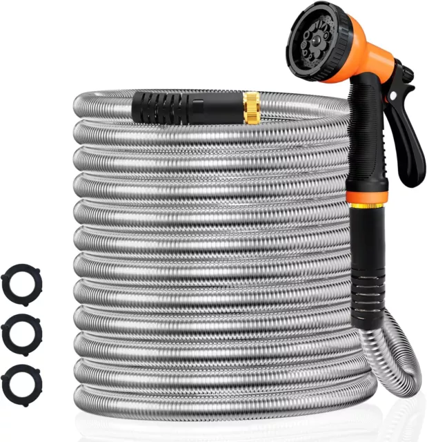 100ft Stainless Steel Metal Garden Hose Heavy Duty Never Kinks Leaks With Nozzle