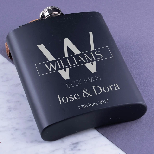 Personalised Hip Flask Engraved Steel 6oz Wedding ding Groom Best Man Usher Gift