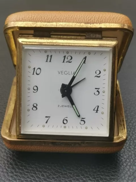 Vintage Veglia Germany 2 Jewels Yellow Cased Travel Clock Alarm