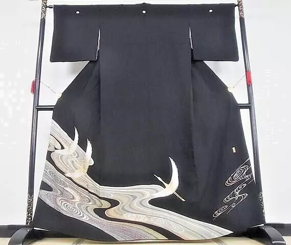 Japanese Kimono /Tomesode/Cranes/Silk/Gold Leaf/Kimono accessories 4 piece set