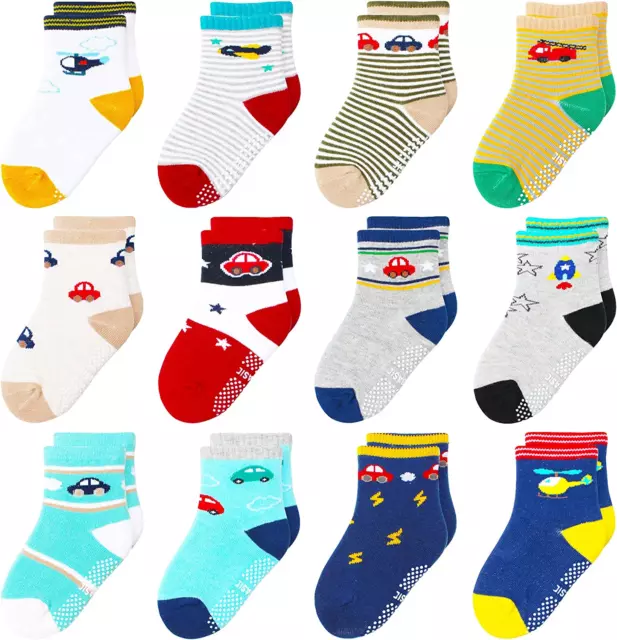 12 Pack Non Slip Kids Toddler Baby Socks with Grips 1-7 Years Girls Boys Cotton