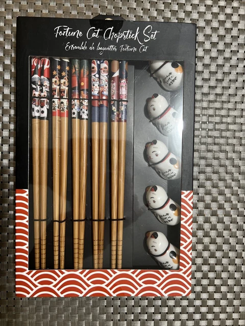 Fortune Cat Chopstick Set 5 Pair Of Bamboo Chopsticks & 5 Ceramic Holder