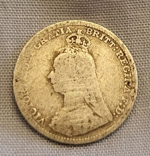 SOLID SILVER Three pence 1890 Coin Old Vintage Queen Victoria Antique 3D Retro