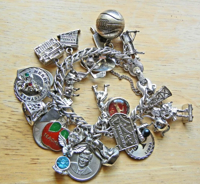 Vintage Charm bracelet,Monet, 24 charms, most Sterling, Houston stadium, Mermaid