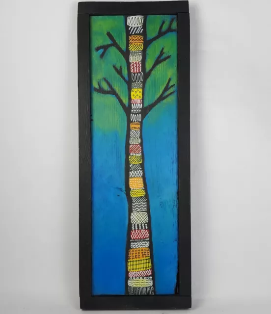 Original Folk Art Tree Painting On Wood Colorful Native Tribal Patterns 19.375"H 2