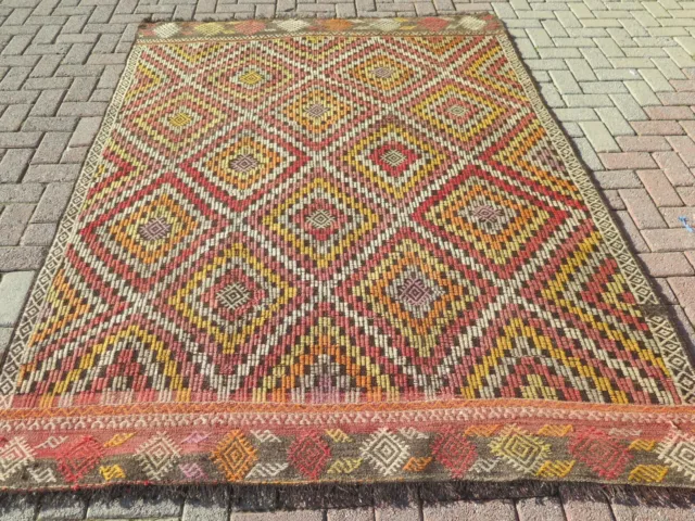 Turkish Kilim Wool Rug, Handmade Floor Carpet, Area Rugs, Boho Kelim Rug 69"x92"