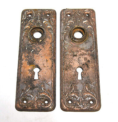 2 Matching Vintage Eastlake Style Pressed Metal Brass Finish Door Backplates